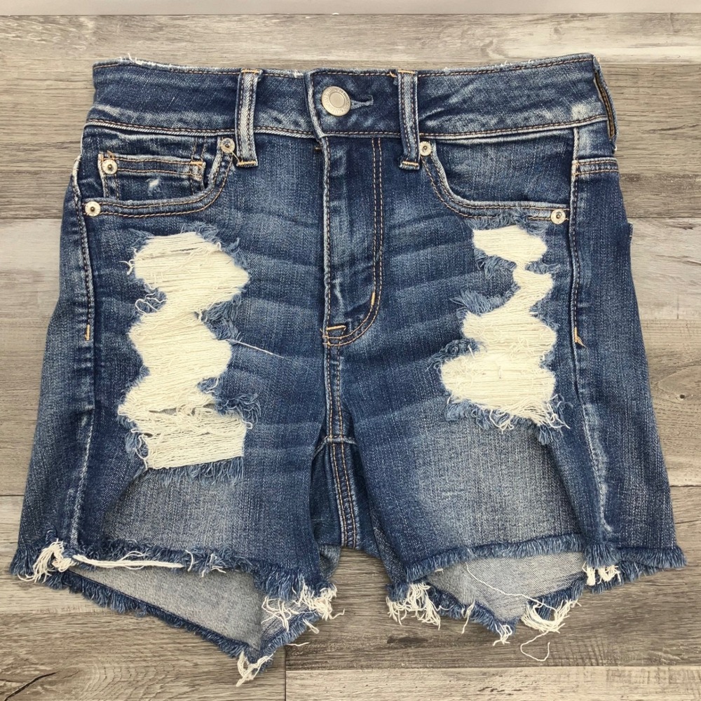 American Eagle Hi-Rise Shortie Distressed Denim Jean Shorts Medium Wash Size 4